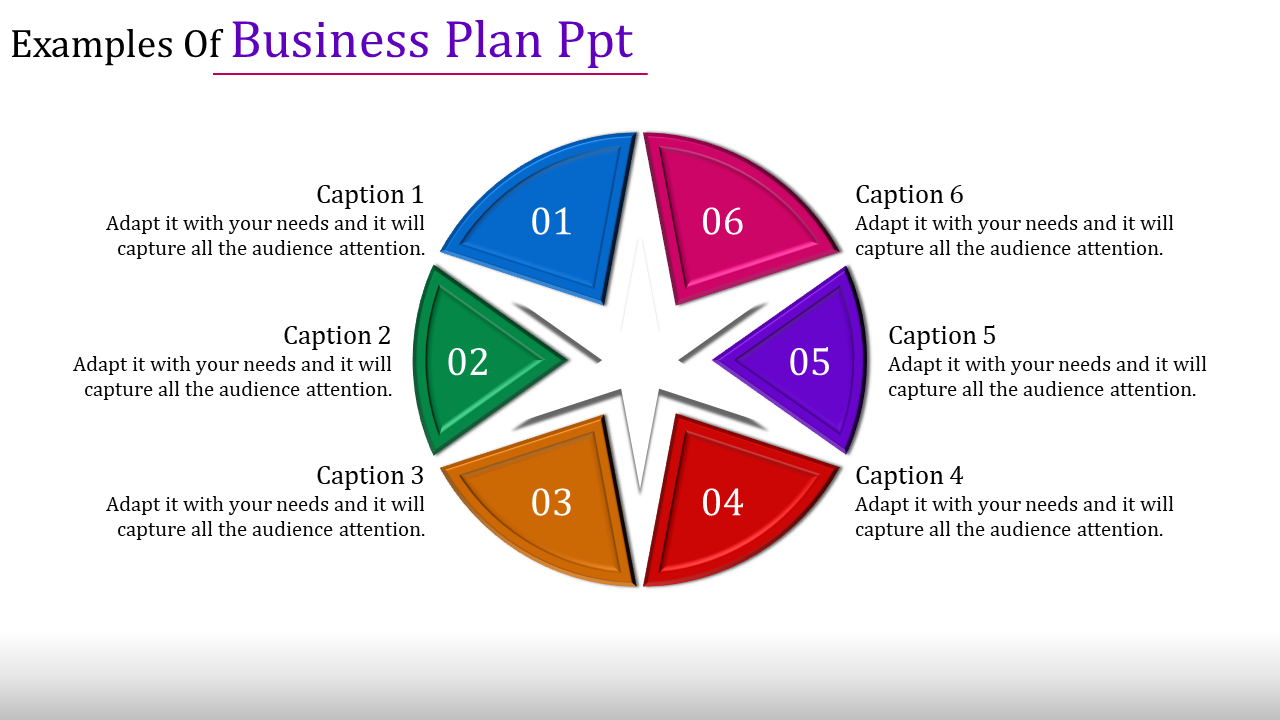 Business plan PowerPoint template featuring a wheel divided into six sections, each with captions and different colors.