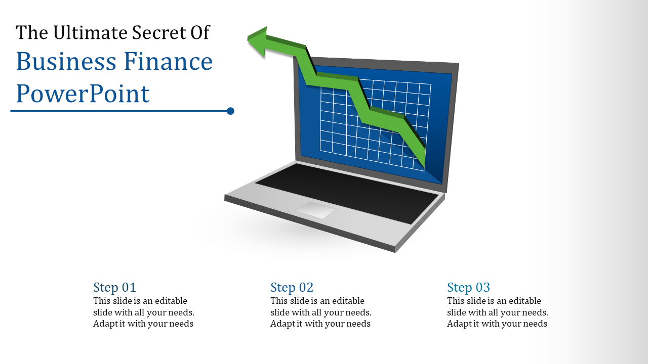 Business finance PowerPoint slide with a laptop displaying a graph and green downward trend arrow, along with three steps.