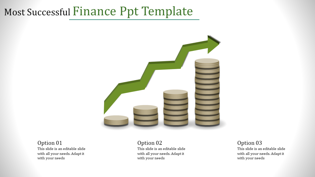 Finance slide with four stacks of coins increasing in height and a green upward arrow showing financial growth.