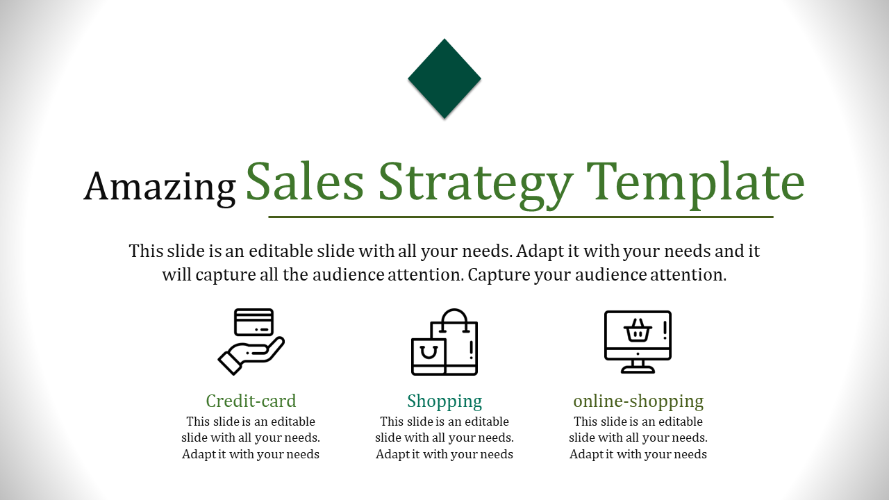 Sales slide with green text, a top diamond graphic, and three outlined icons with descriptions below.