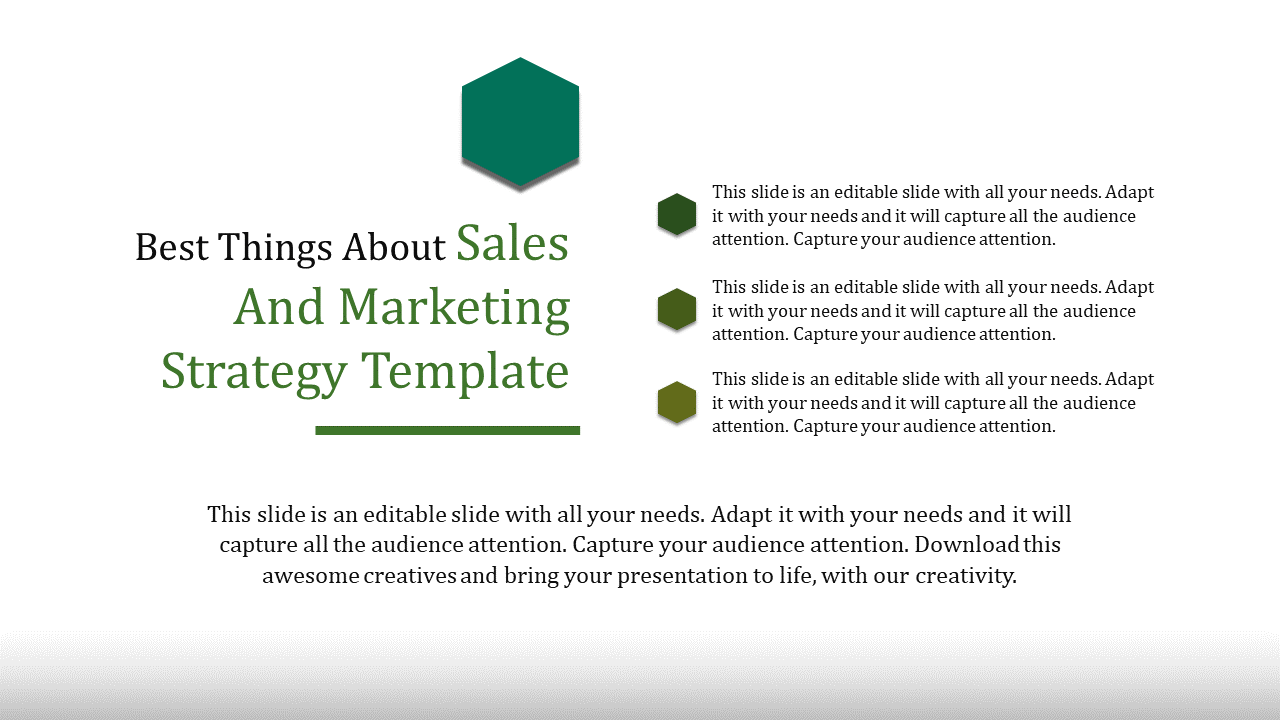 Marketing slide layout featuring a large green hexagon shape, three small hexagons, and aligned text on the right.