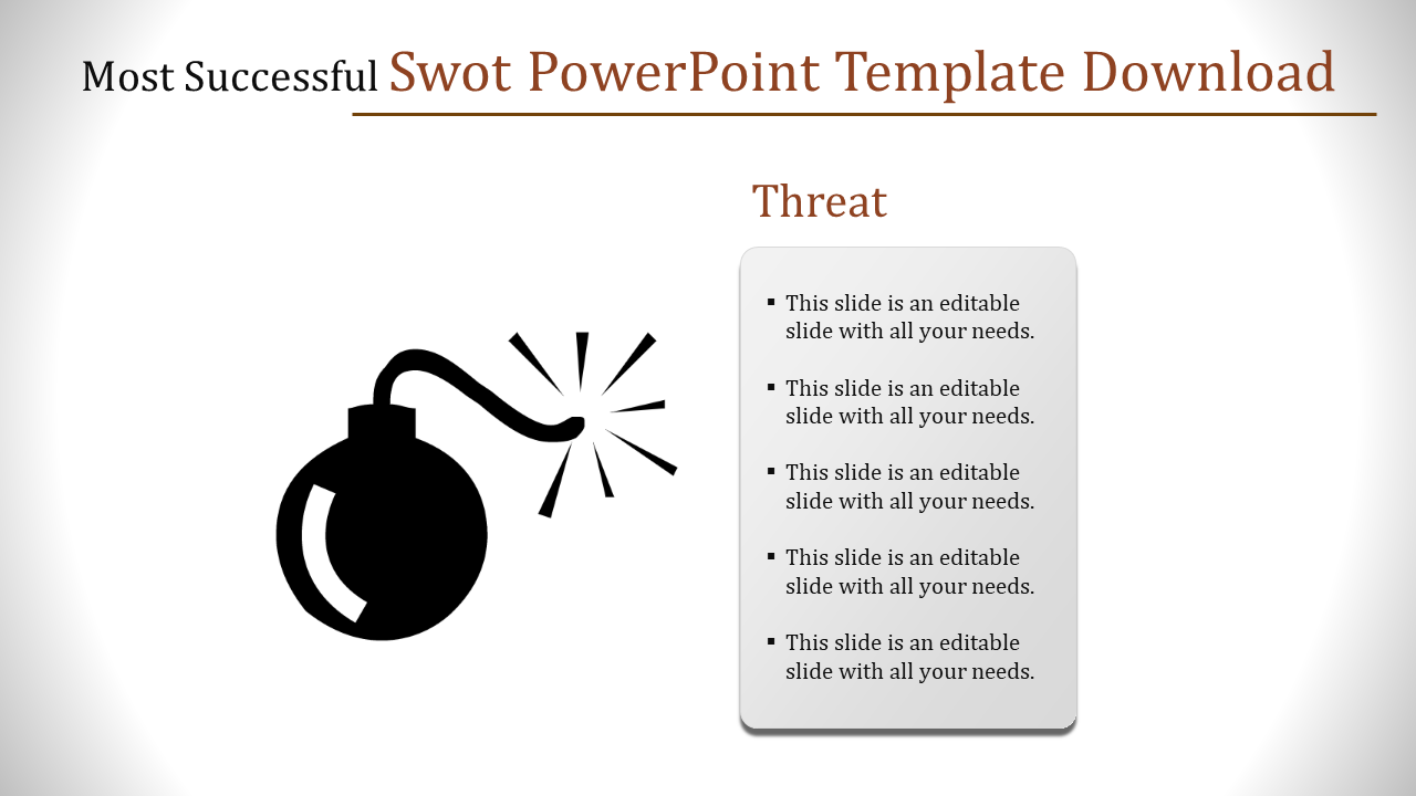 SWOT PowerPoint template slide with a focus on threats, featuring a bomb icon with placeholder text.