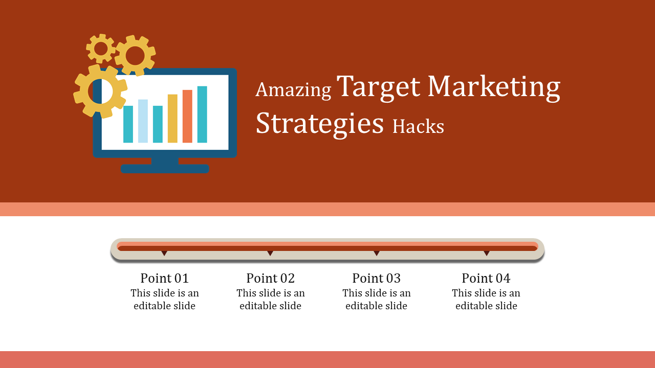 Target marketing slide with a brown header design featuring a monitor and graph icon and a horizontal line with text below.