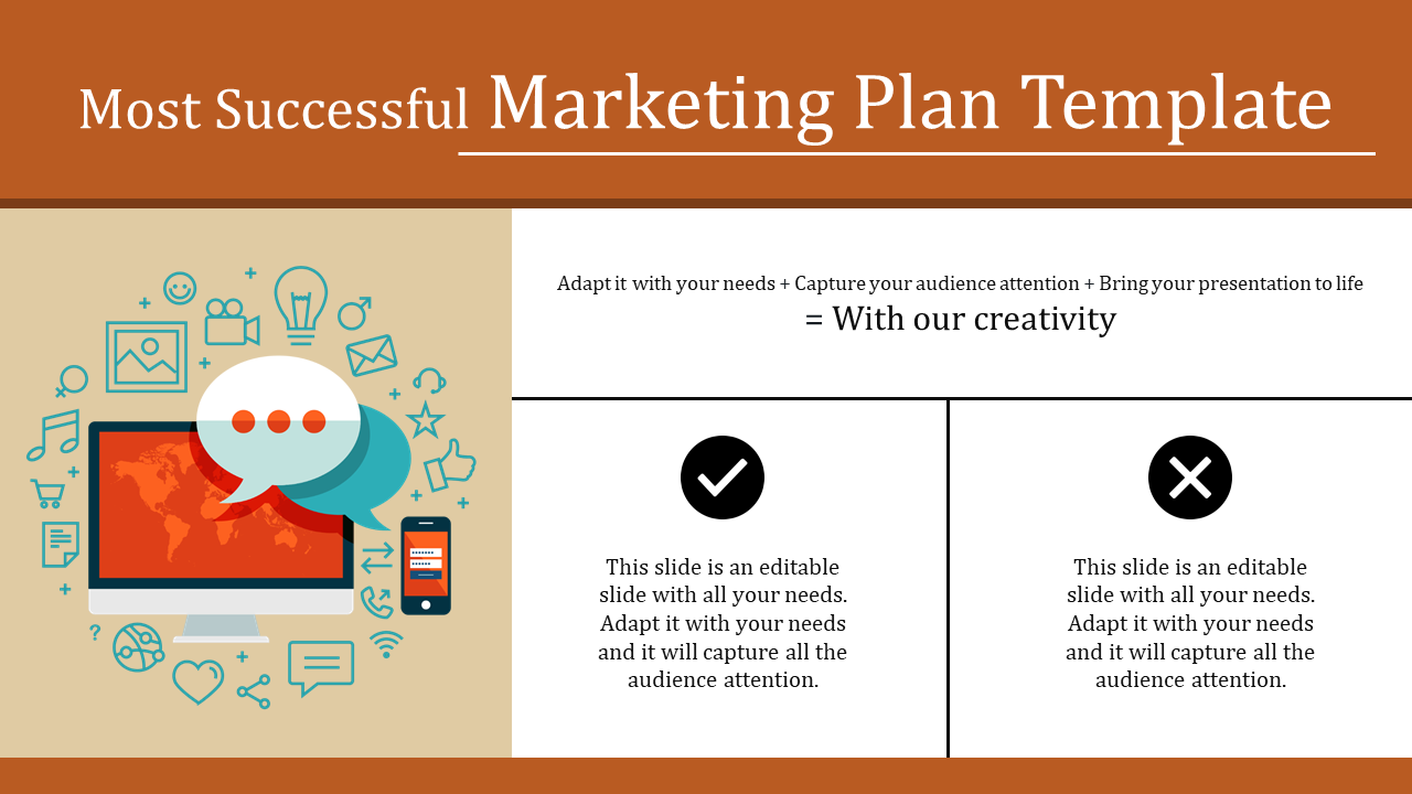 Marketing plan template featuring a computer and smartphone with icons like messages and social media surrounding them.