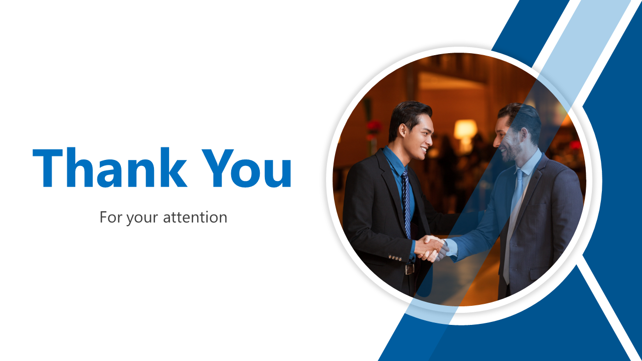 Thank you slide with a circular image of two men shaking hands, set against a blue and white geometric design.