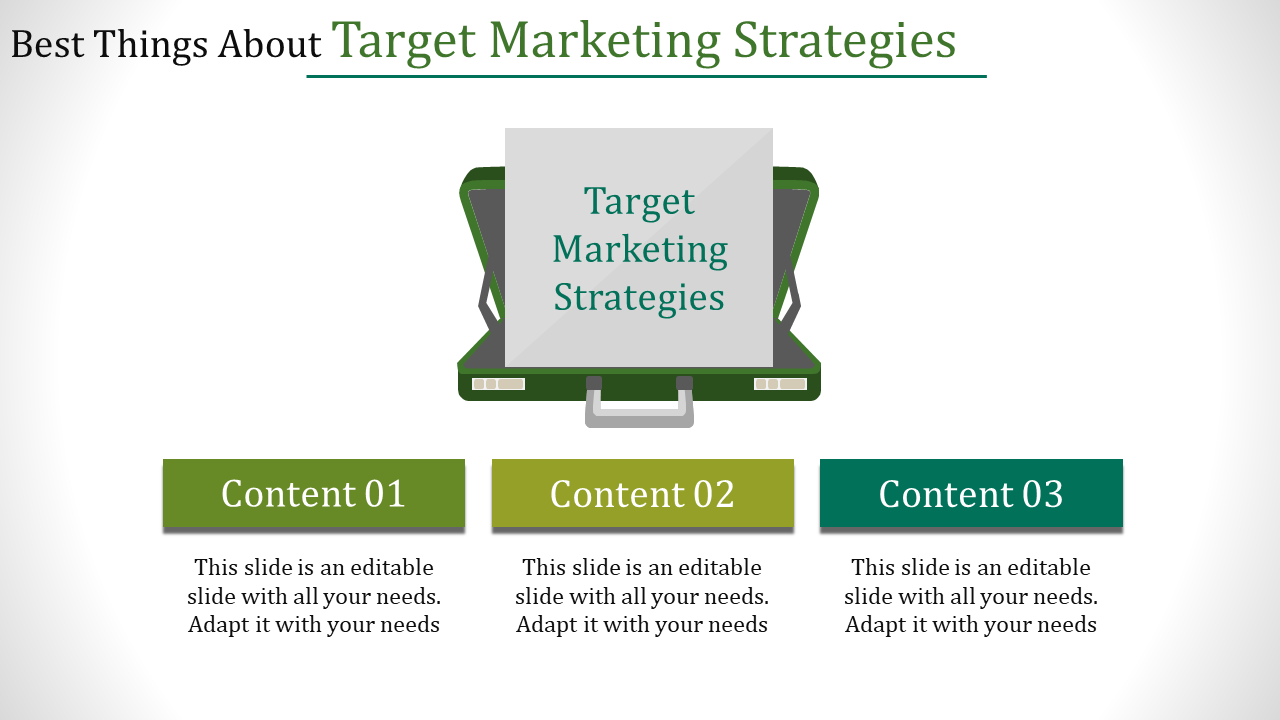 Target marketing concept slide with a laptop display at the center and three content blocks labeled with three caption areas.