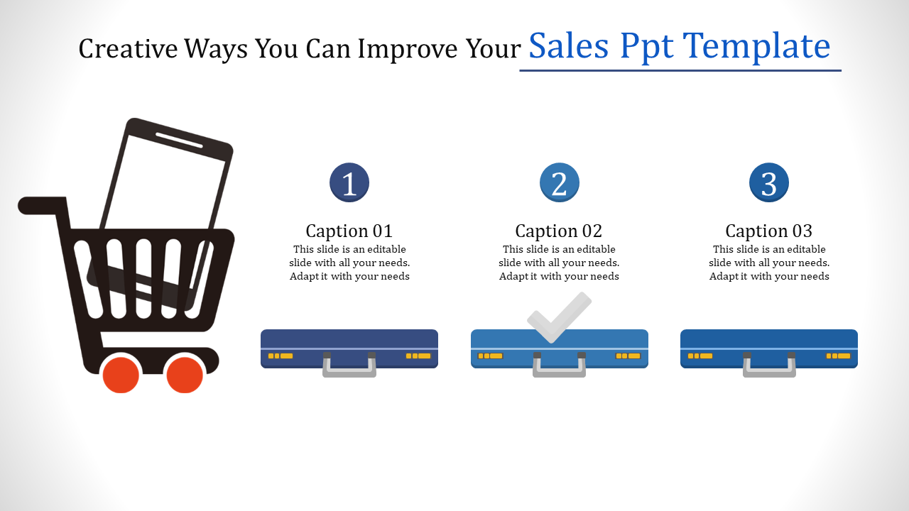 Sales design with a shopping cart and three numbered sections featuring blue briefcase icons and placeholder text areas.