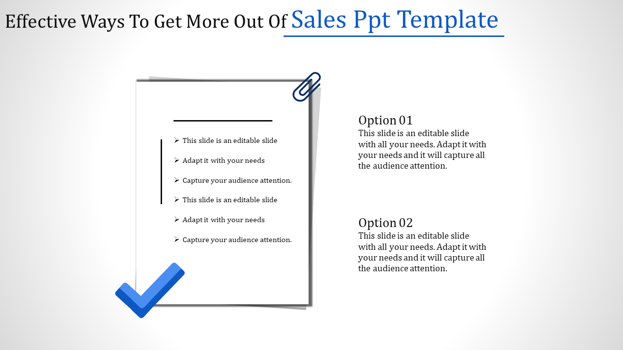 Sales template with bullet points on a white document graphic, large blue checkmark at the bottom left, and two options.