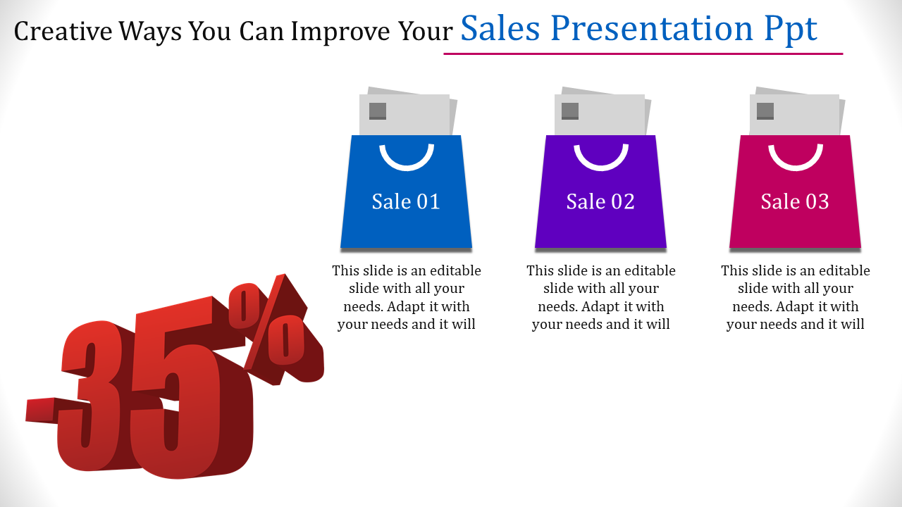 Sales slide featuring three colorful shopping bags in blue, purple, and pink, with a bold red discount graphic.