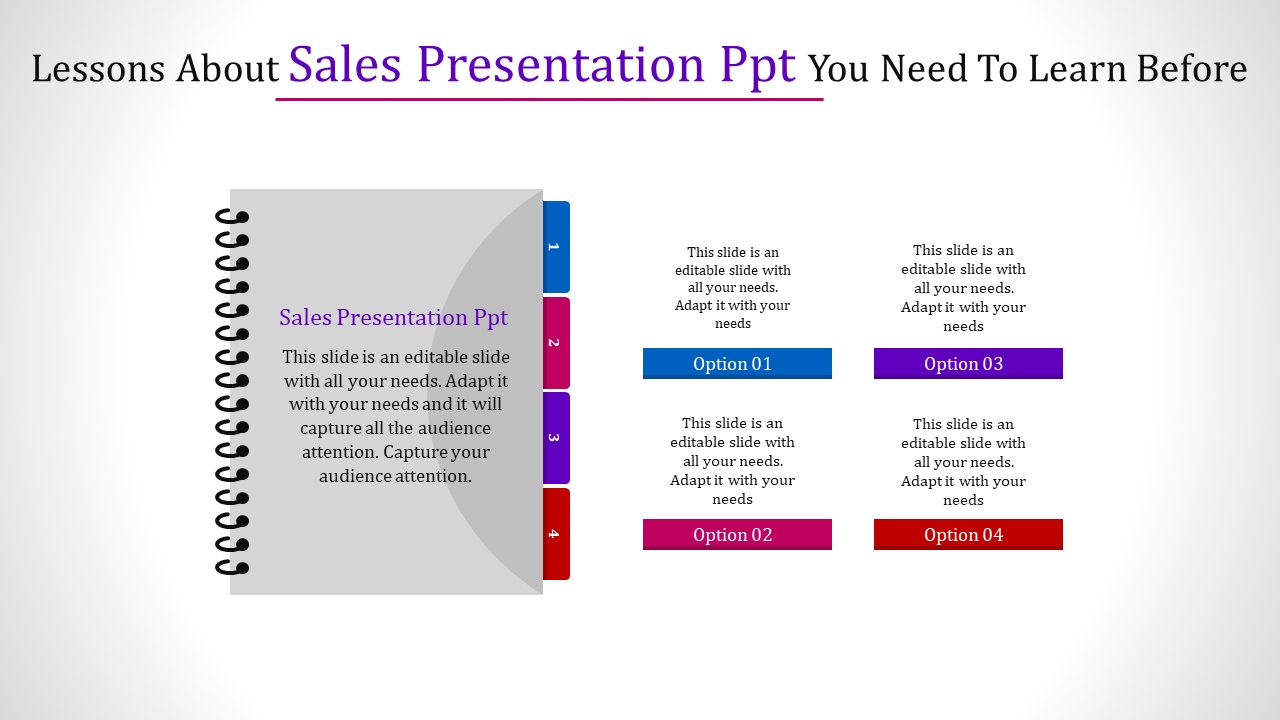 PowerPoint template for sales presentations, featuring options in a vibrant color scheme alongside a notebook graphic.