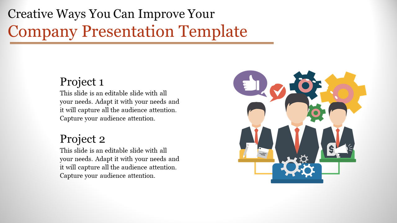 Company slide with two project text sections and an illustration of three professionals surrounded by gears and icons.