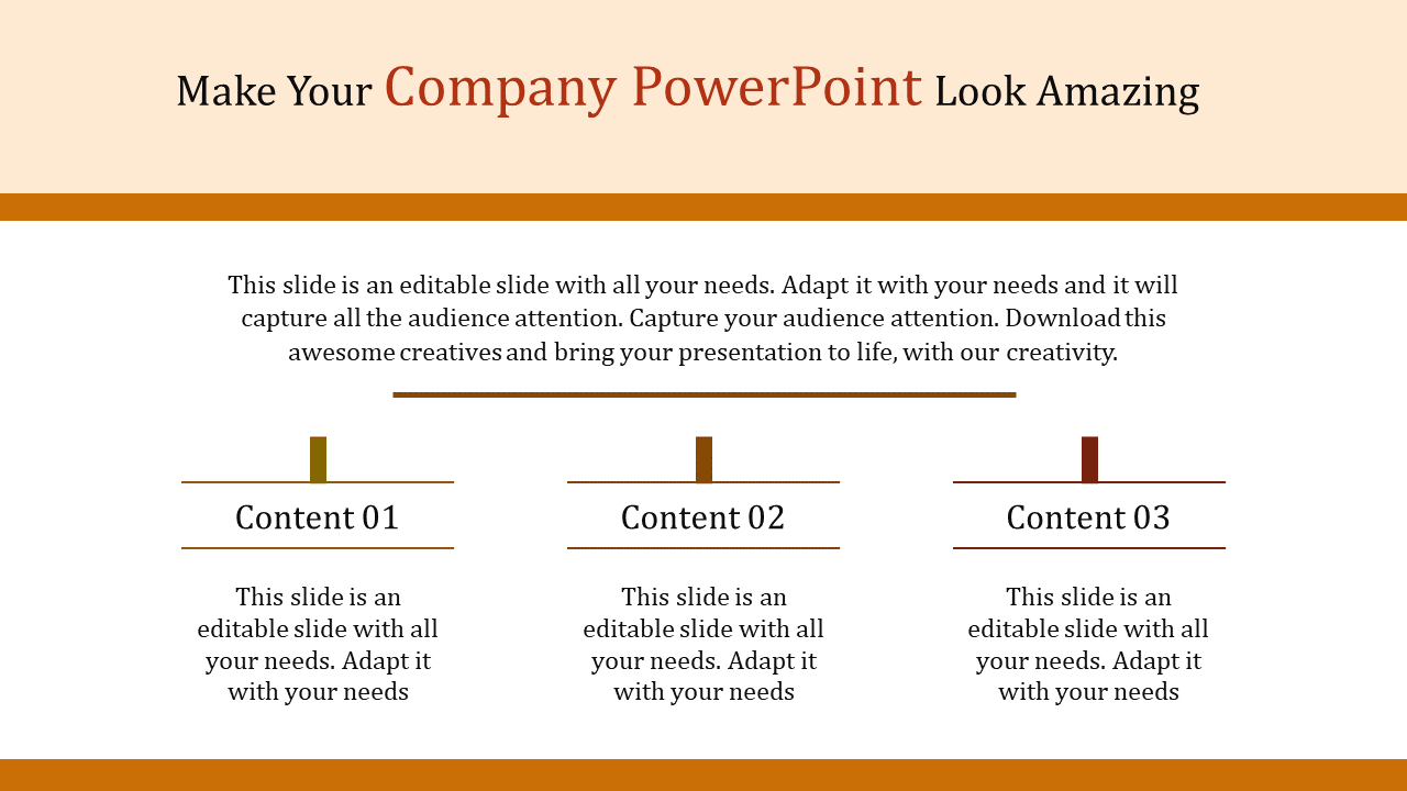 Business presentation slide with three evenly spaced content blocks underlined with brown lines.