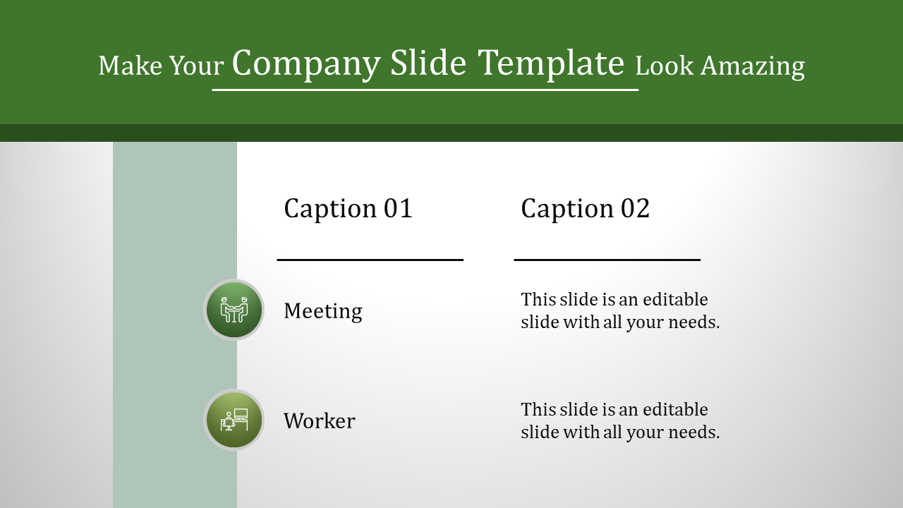 Split design with company slide captions, meeting and worker icons, and text placeholders on a gray gradient background.