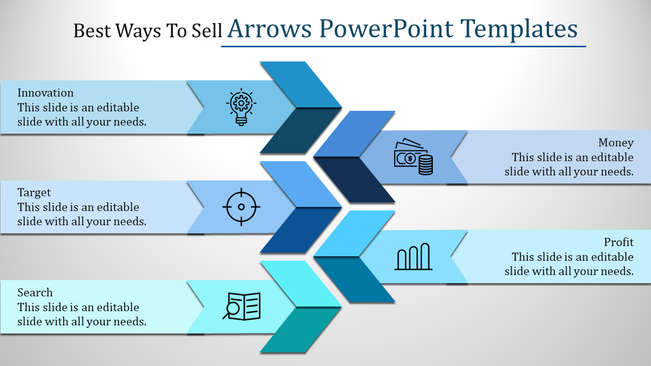 Blue gradient chevron arrows with icons and captions for each step in a layered design, illustrating a process layout.