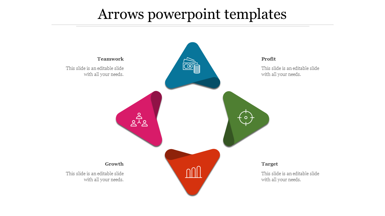 Four triangular arrows in blue, green, red, and pink with icons for money, target, growth, and teamwork.