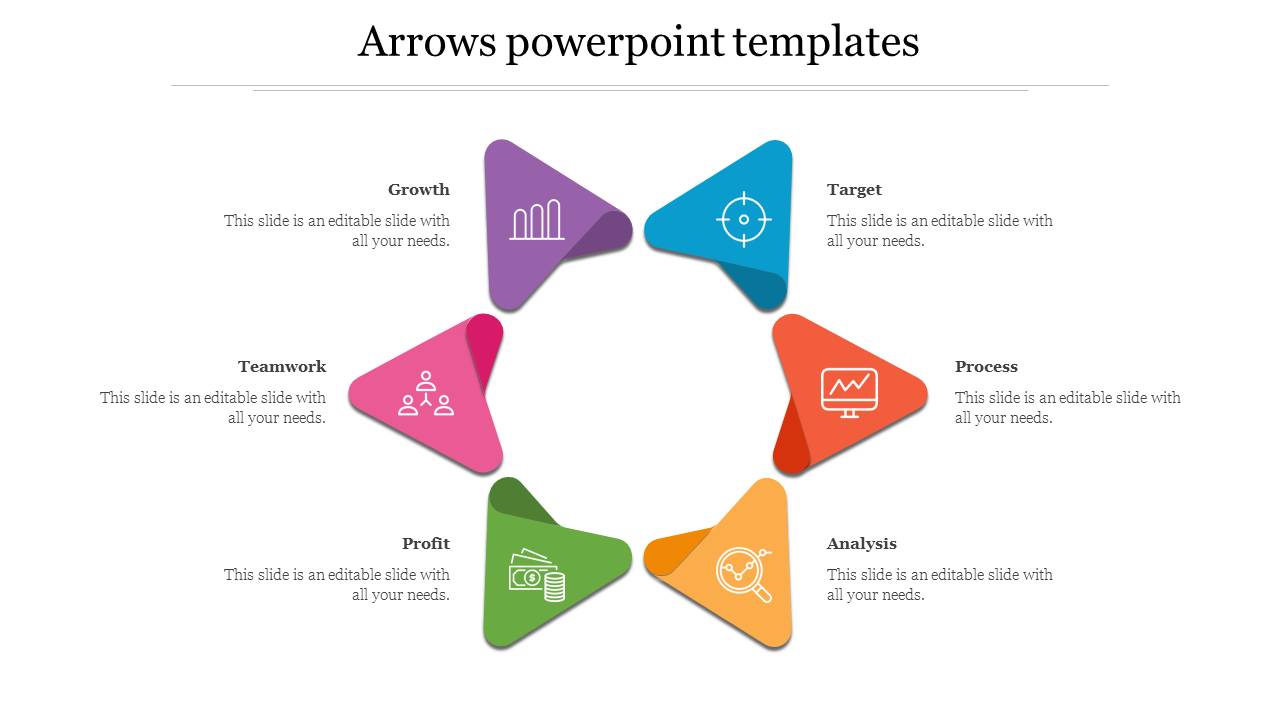 Colorful Arrow based PowerPoint template displaying six sections for business concepts from growth to target with icons.