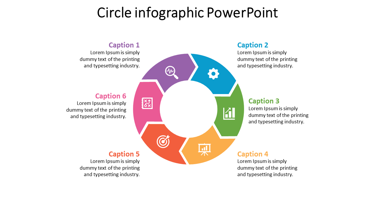 A colorful circle infographic slide featuring six sections for captions with icons and placeholder text.