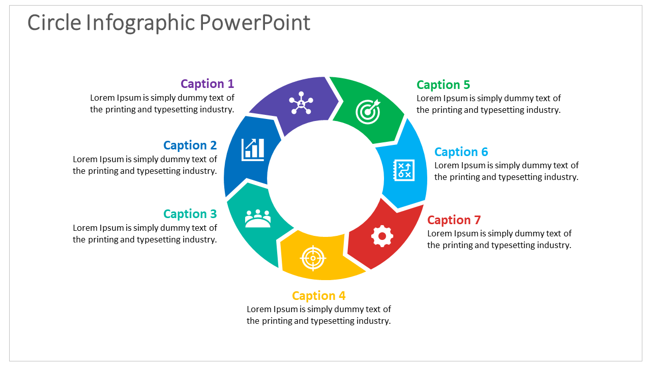 Colorful circular infographic slide with seven segments, each representing a different caption with icons.