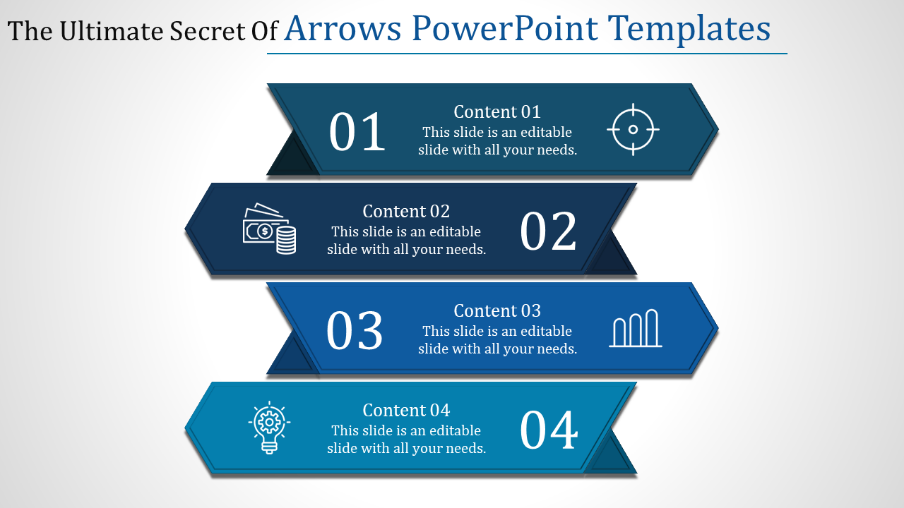 PowerPoint template with four arrows, each containing icons representing different business concepts with captions.