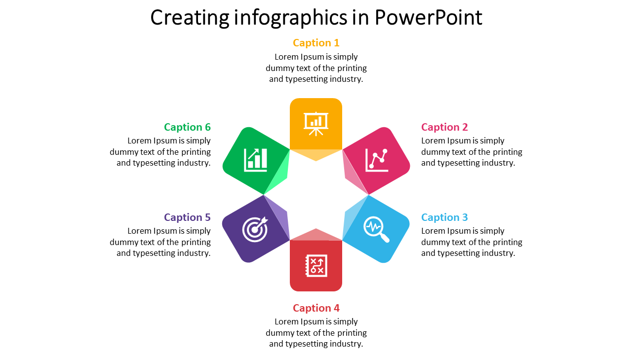 Infographic slide displaying six colorful segments arranged in a star-shaped pattern, each section with a caption and icon.