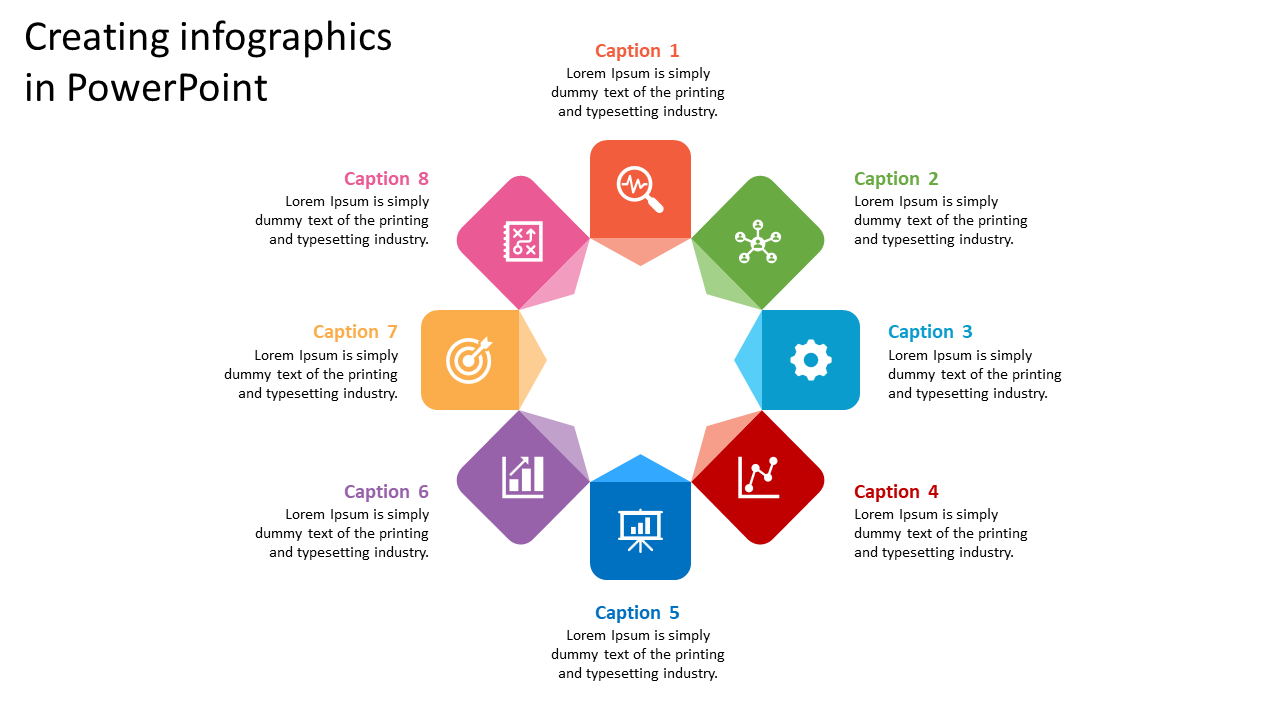 Eight colorful pentagonal shapes arranged in a circle with icons and captions around them.