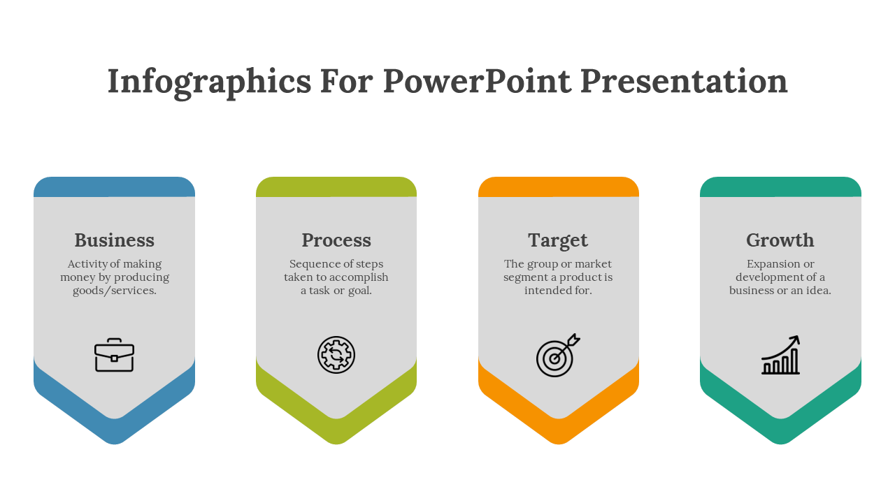 Four vertical infographic banners labeled business, process, target, and growth with icons and placeholder text.