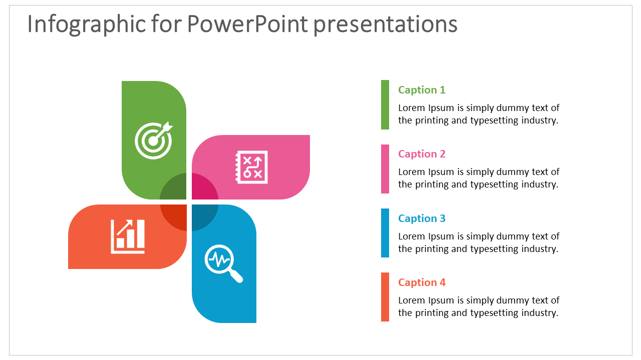 Infographic with green, pink, red, and blue segments, forming a cross, each featuring icons and captions on the right.