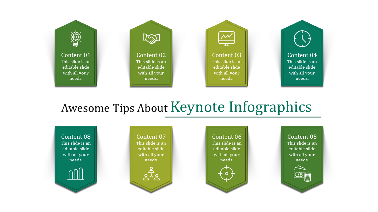 PowerPoint slide presenting tips about keynote infographics, featuring eight content boxes with icons.