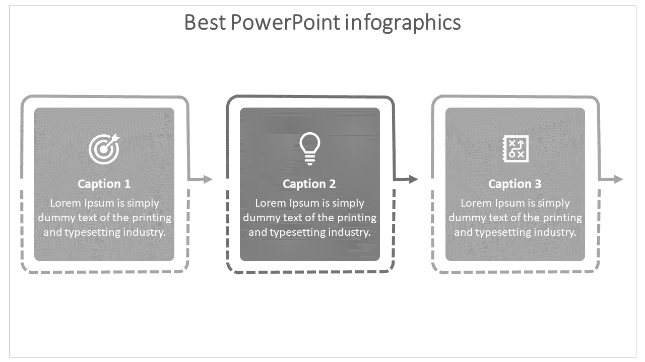 Infographic design with three gray blocks, each holding an icon and text, linked by dotted lines.