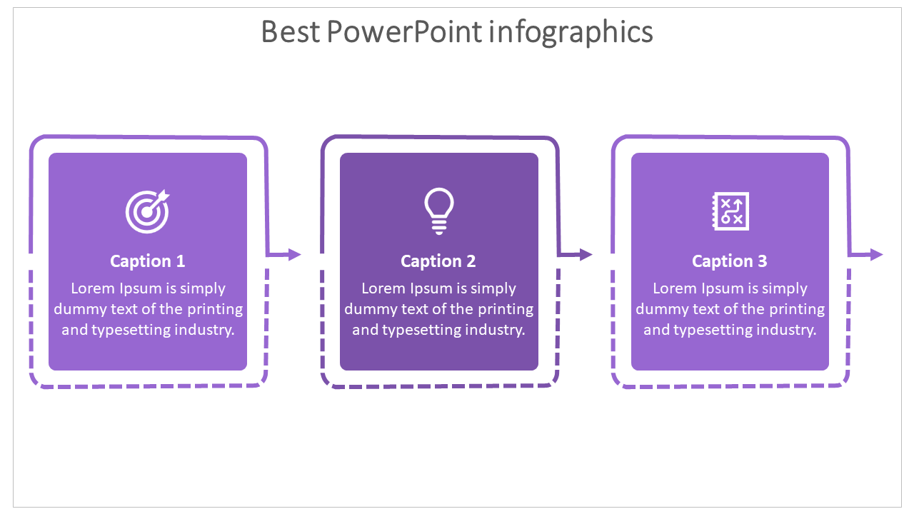 Three purple infographic boxes featuring a target icon, lightbulb icon, and map icon, each with placeholder text areas.