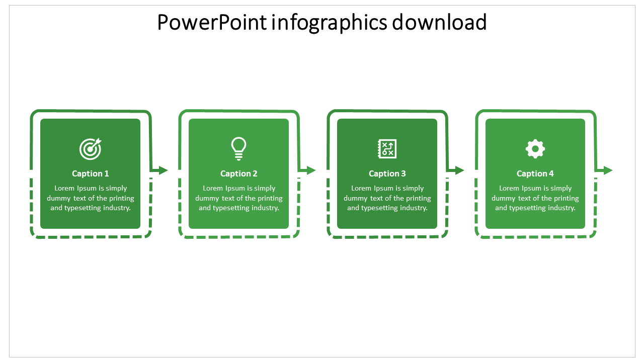 Infographics PowerPoint slide with four sections, each with a different icon and description, in green boxes.