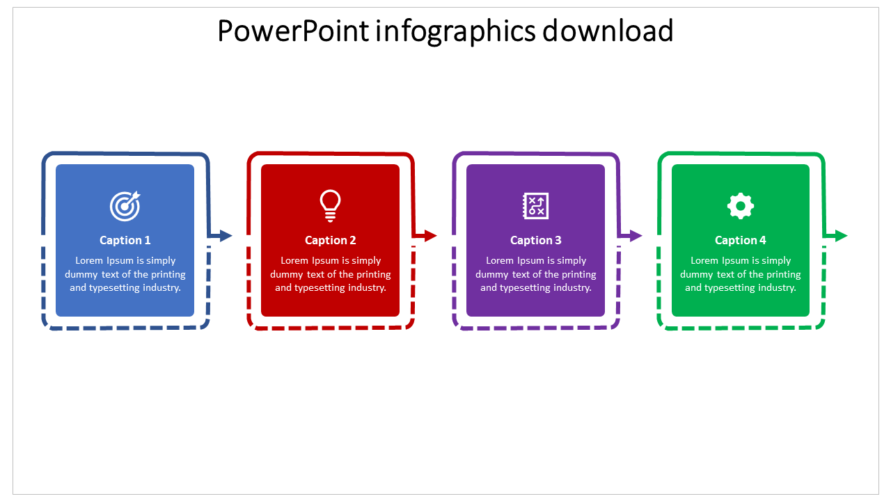 Infographic PowerPoint slide with four colorful blocks in blue, red, purple, and green, each with an icon and caption.