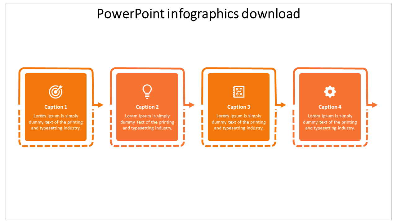 Infographic layout with four orange blocks, each featuring an icon and a description, in a horizontal arrangement.