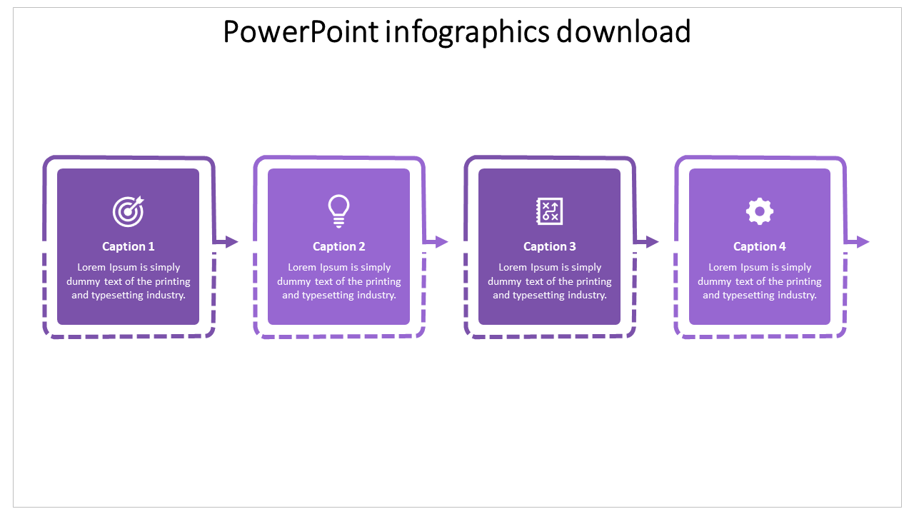 Infographics PowerPoint slide with four sections, each with a different icon and description, in purple boxes.