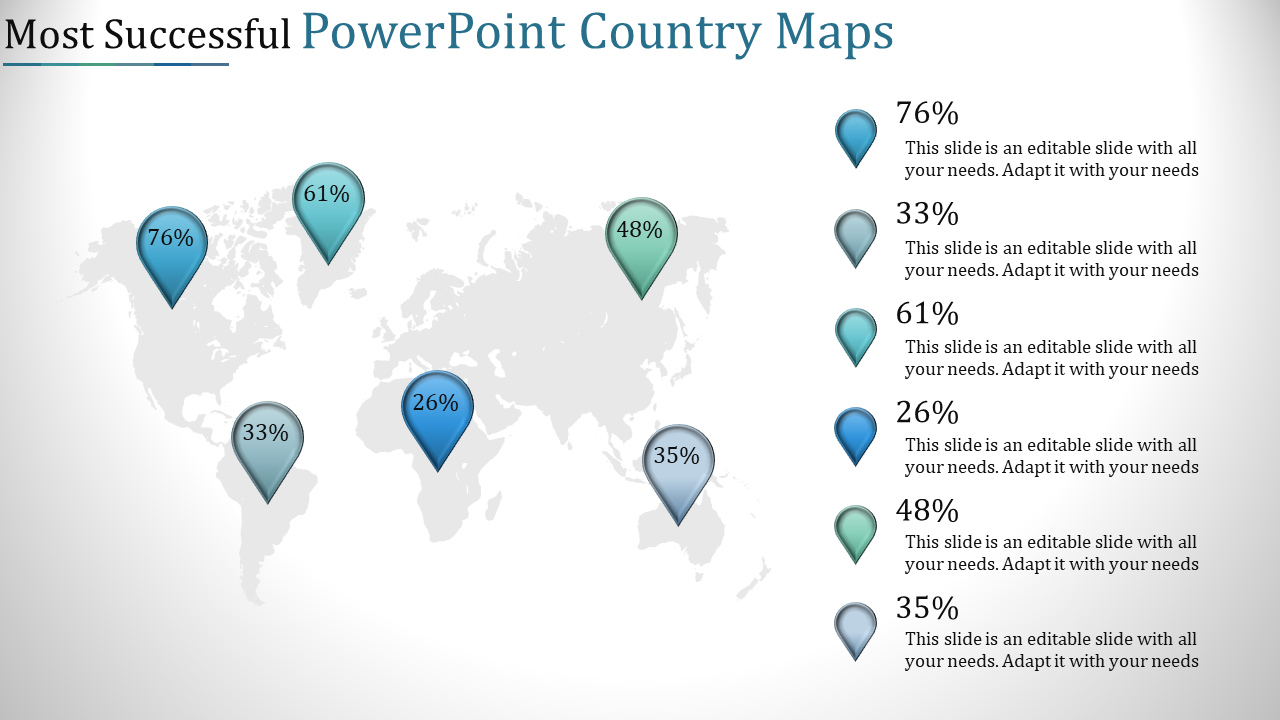 PowerPoint slide featuring a world map with percentage markers on various countries, showcasing country maps.