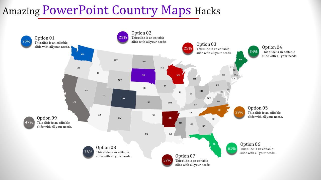 Map of the US, showcasing highlighted states like WA, SD, and NC, paired with captions and data percentages.