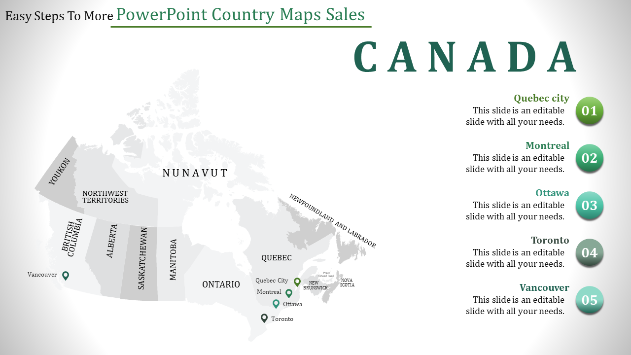 Gray shaded map of Canada showing major cities and captions in green circles with numbers on the right, from 1 to 5.