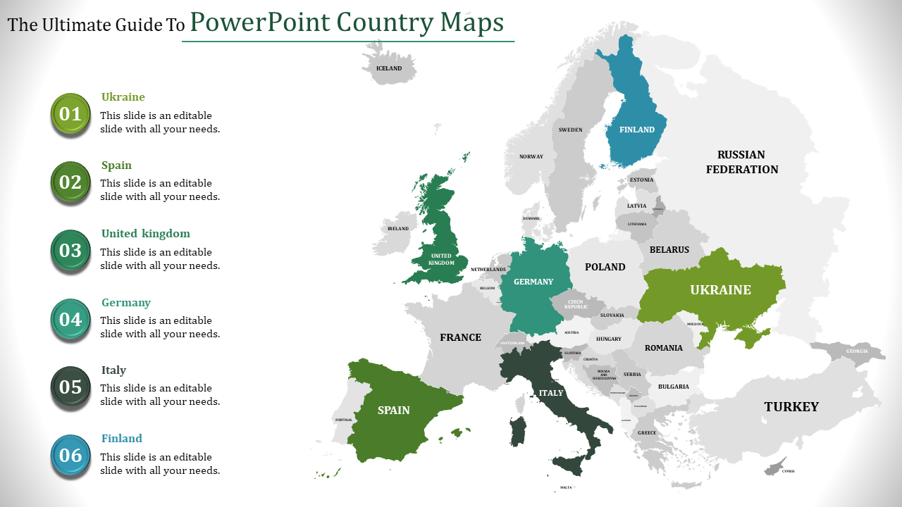 European country map template with Ukraine, Spain, United Kingdom, Germany, Italy, and Finland with numbered sections.