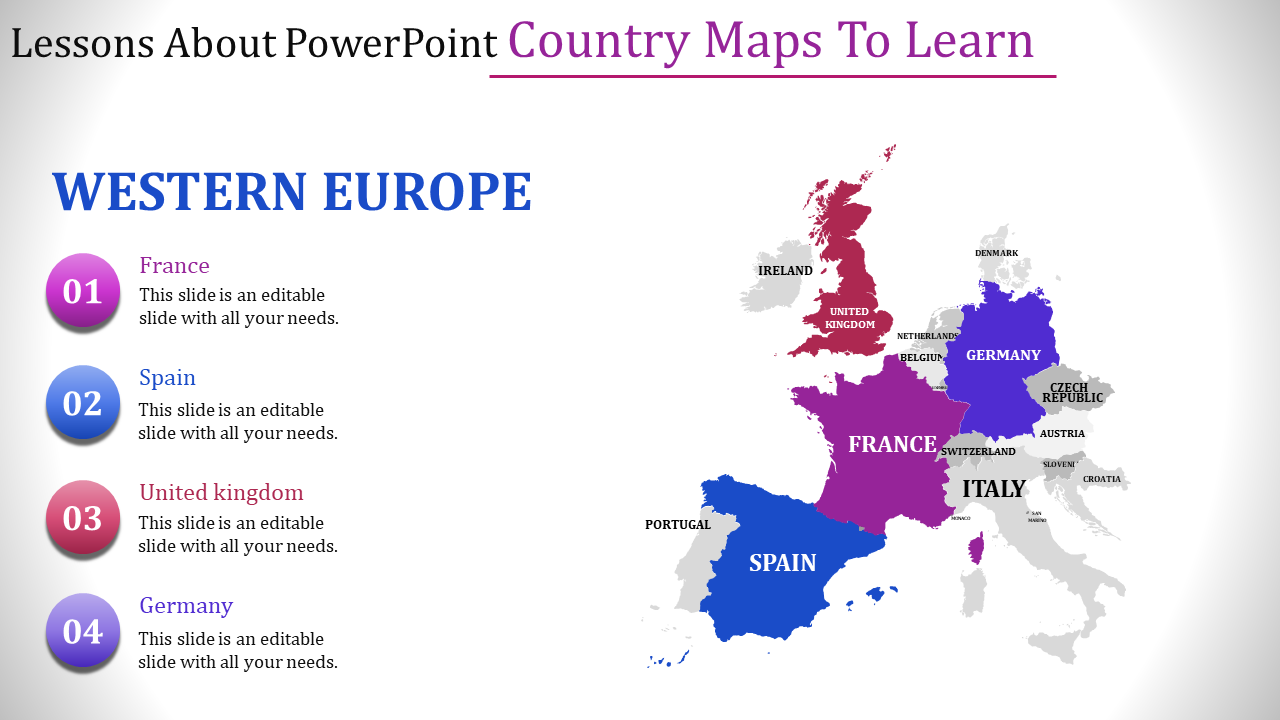 Map of Western Europe with highlighted countries in pink, blue, red, and purple, with matching numbered captions on the left.