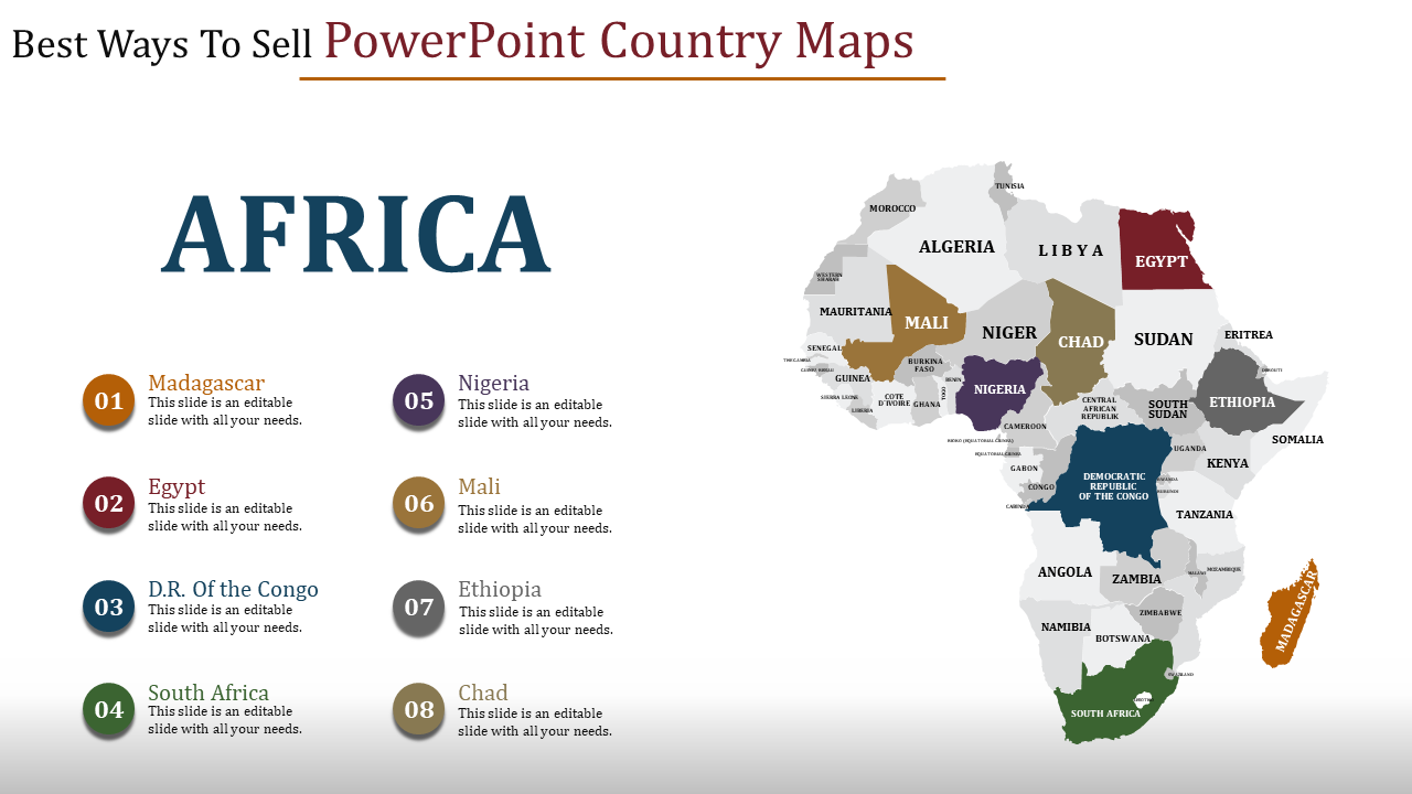 Africa map with eight countries highlighted in different colors and a numbered list beside it.