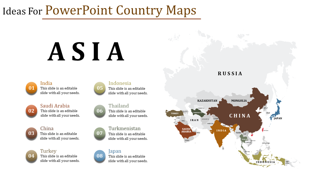 A colorful map of asia slide highlighting eight countries with numbered references.