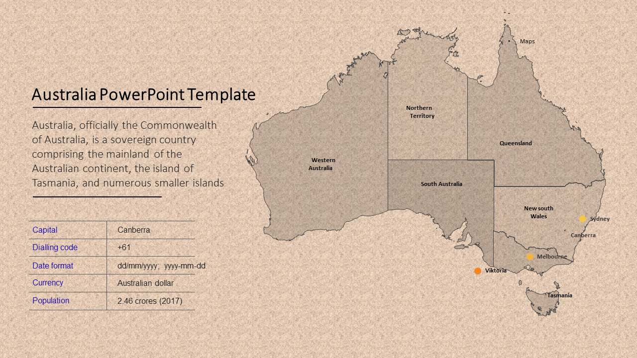 Australia map slide showing state boundaries and major cities, with a text box providing country details.