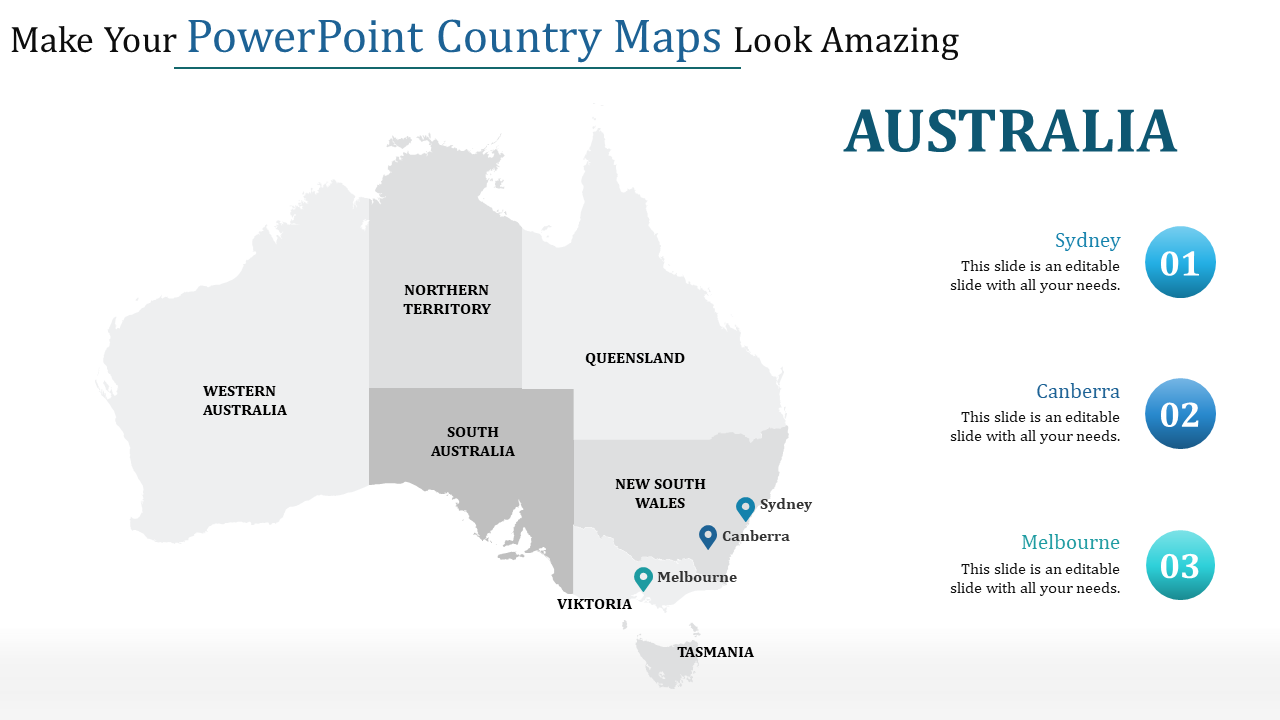 Australia map with labeled regions and city markers, with three numbered highlights list cities on the right side.