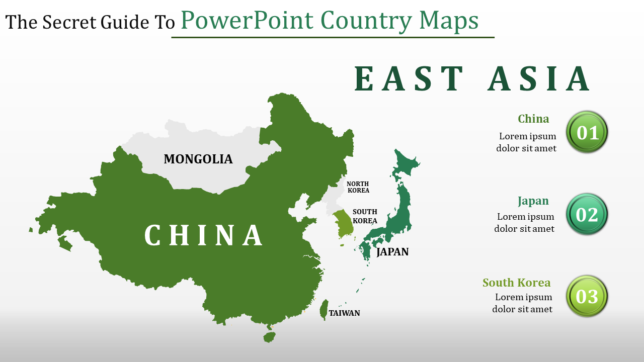 Green themed east asia map slide showing china, japan, and south korea with labeled regions and placeholder text for details.