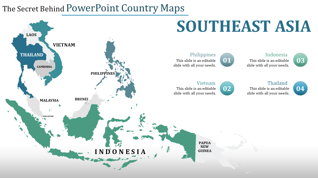 PPT slide showing a map of Southeast Asia with countries labeled and sections for Philippines, Vietnam, and Thailand.