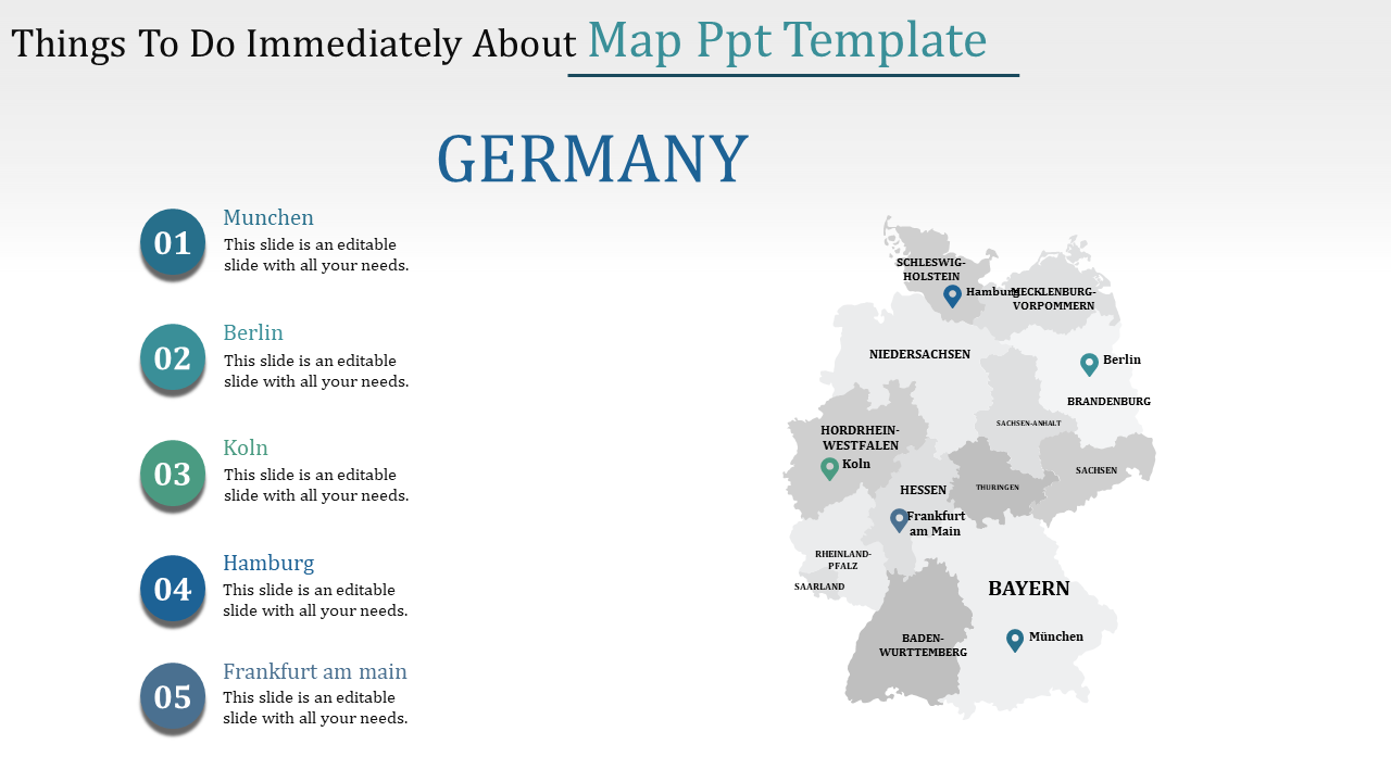 Germany map in gray with five locations marked by pins, listed alongside numbered captions on the left.