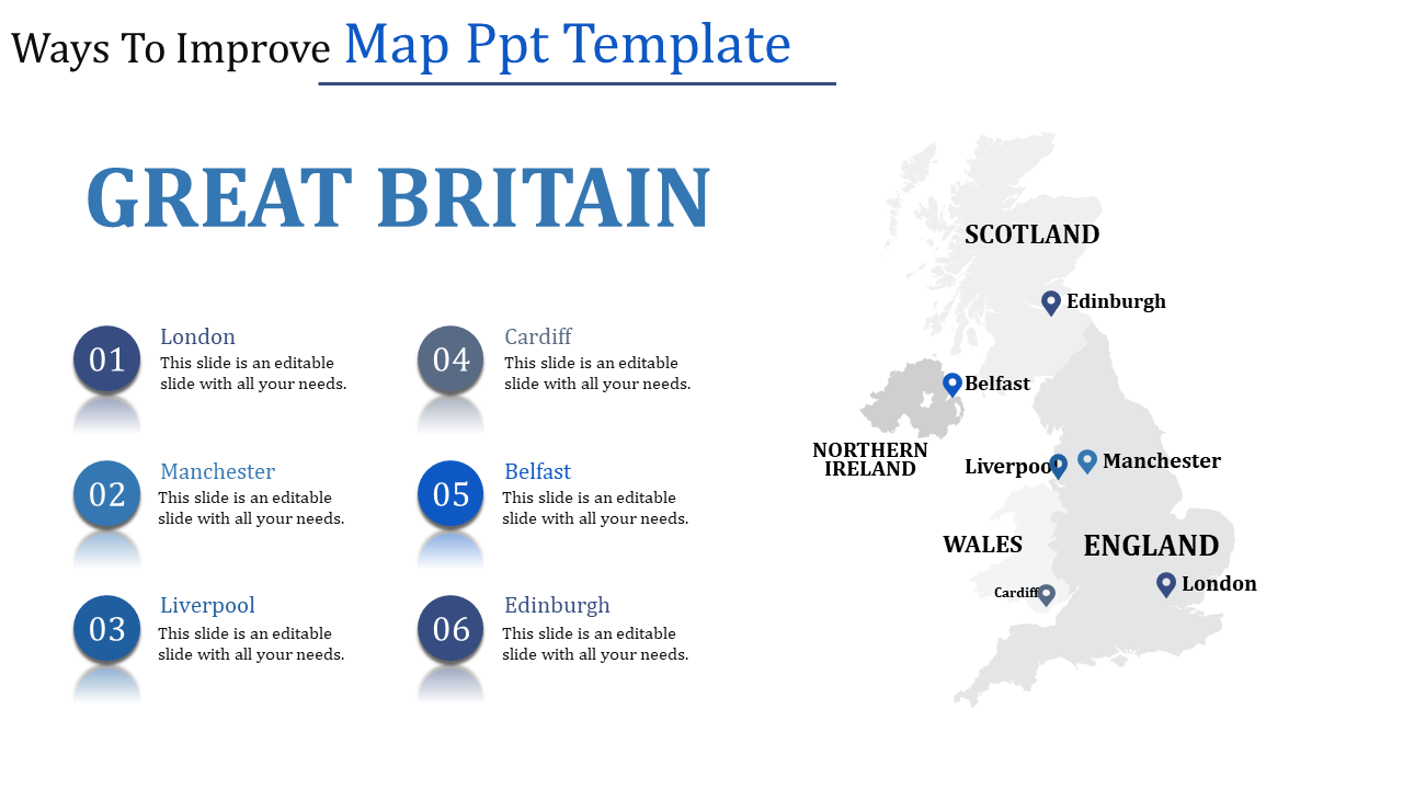 Map PPT template highlighting key cities in Great Britain such as London, Manchester, and Edinburgh with placeholder text.