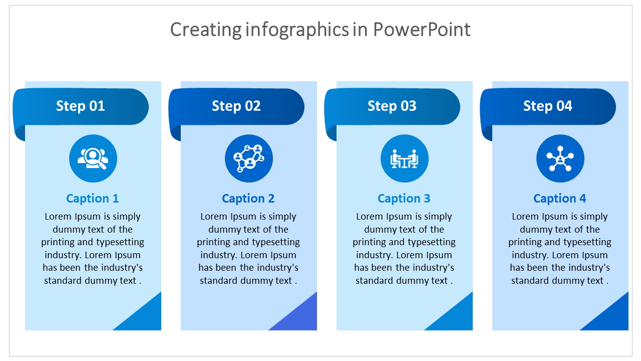 Four-step infographic slide with color-coded sections, icons, and text areas for custom caption areas in each step.