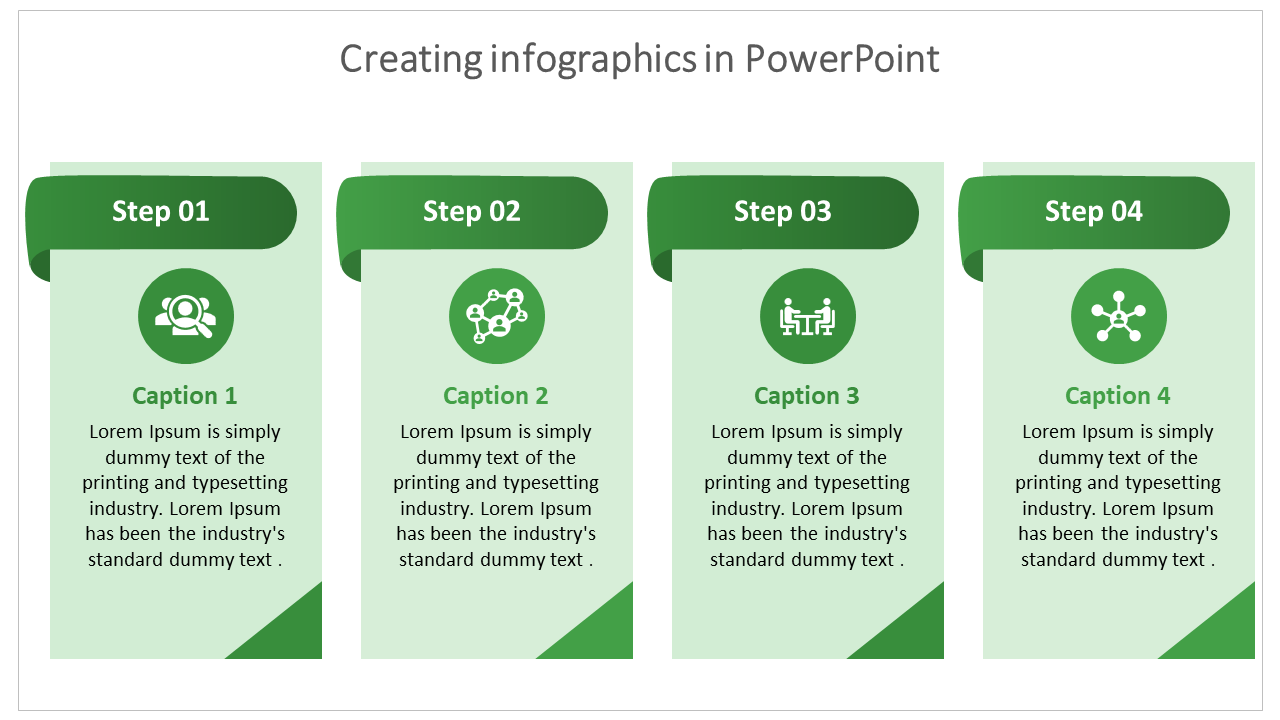 Infographic template with four steps, each featuring a green colored box and a corresponding icon.