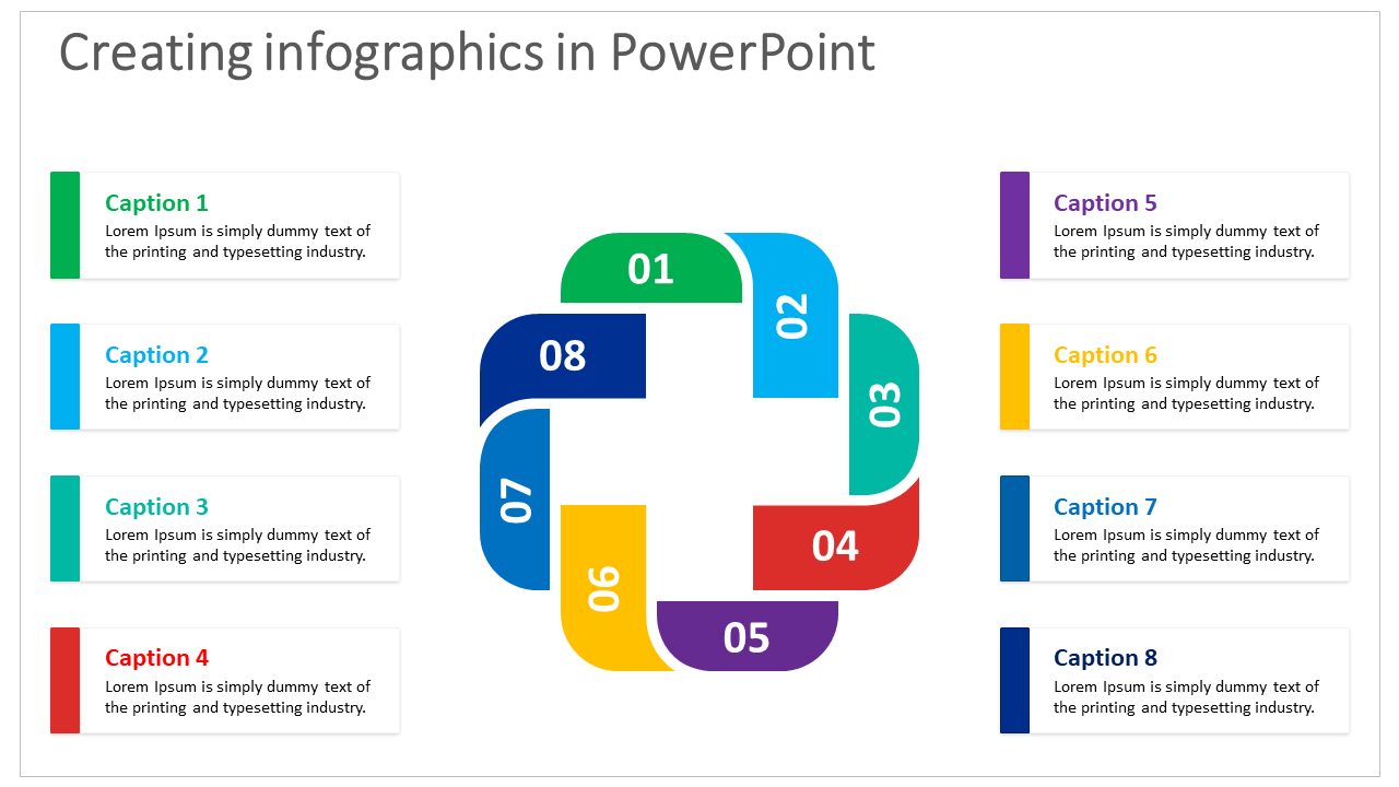 Circular infographic with eight multicolored segments numbered 01 to 08, each paired with captions on the sides.